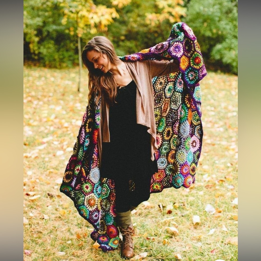 Dharma Woolen Hand-Crocheted Blanket colorful ~58 x 48”